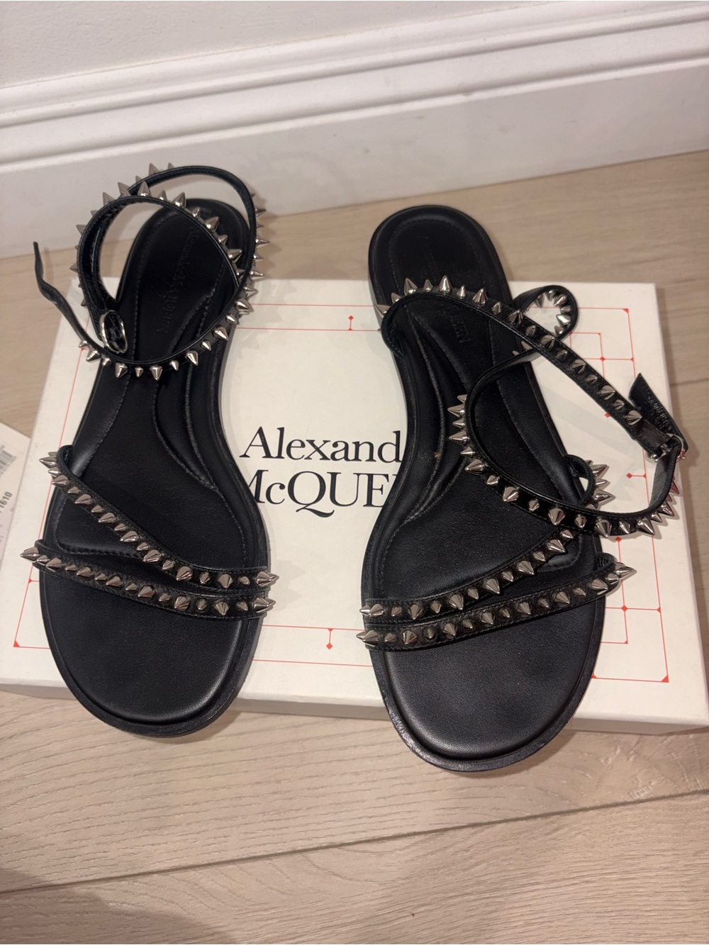 Alexander McQueen Black Leather Studded Ankle-Strap Sandals